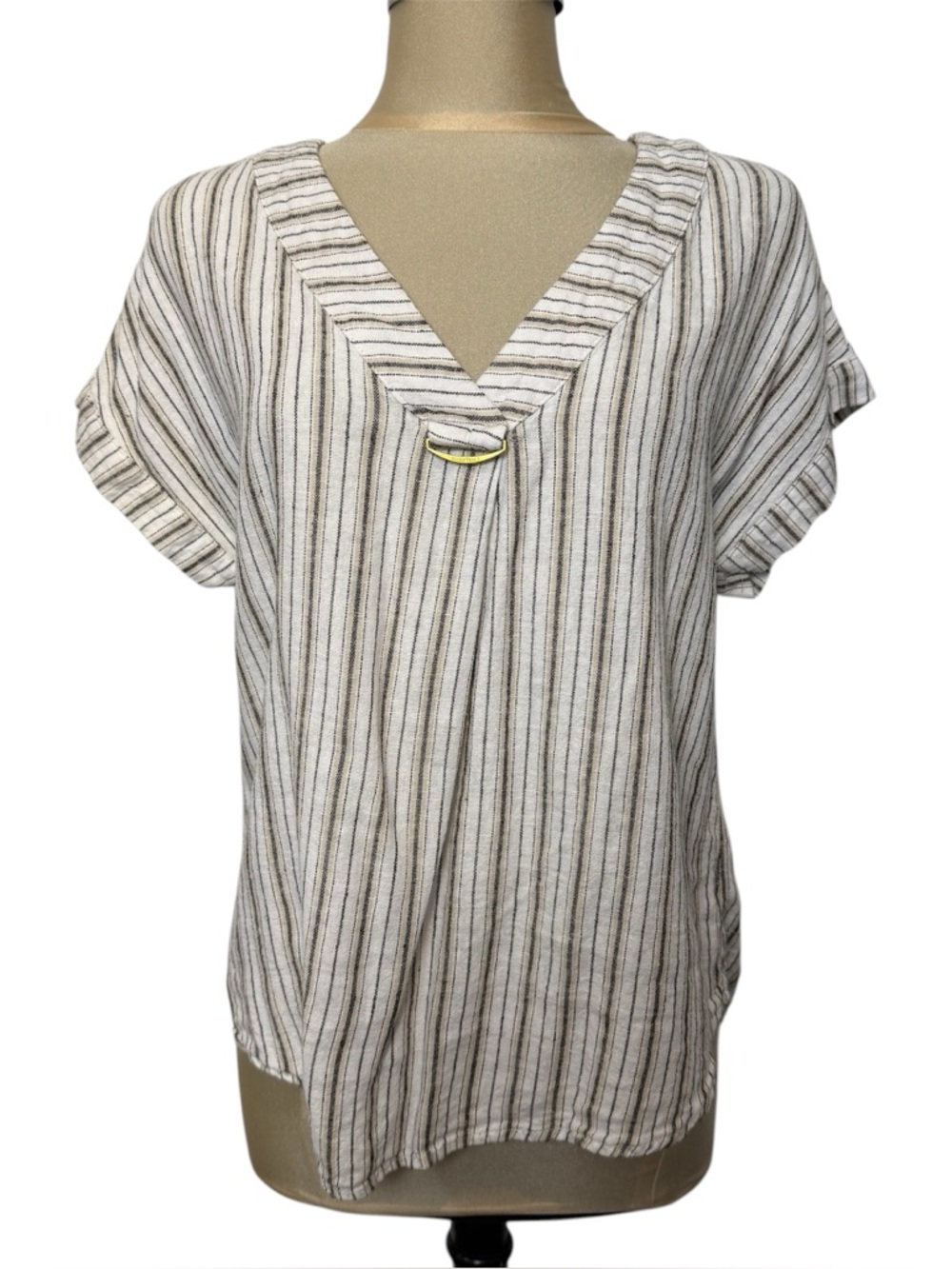 Ellen Tracy Linen Blend Striped Top V Neck Short Sleeve Coastal M